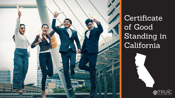 Business people on bridge celebrating certificate of good standing.