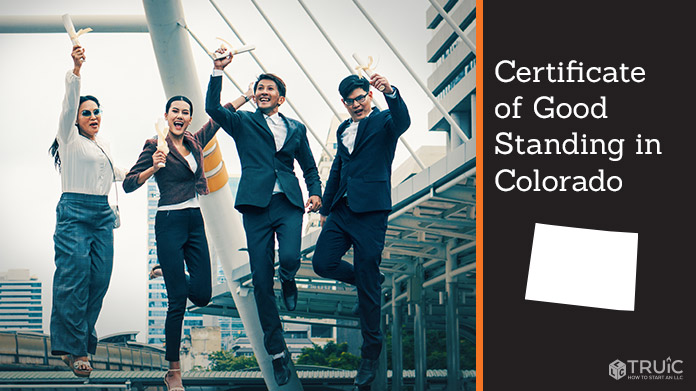 Business people on bridge celebrating certificate of good standing.
