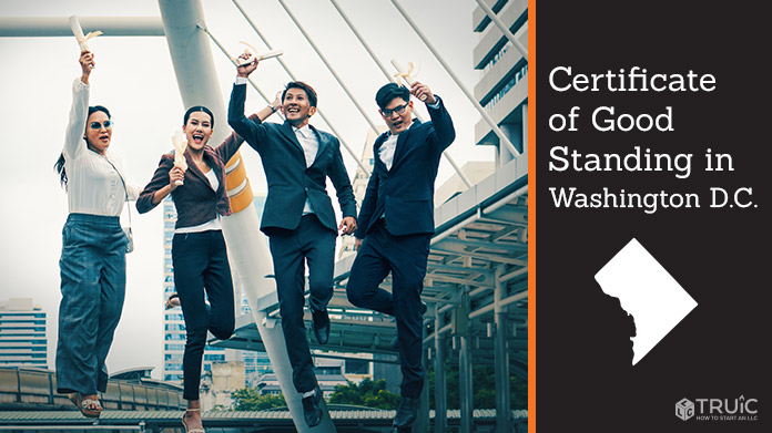 Business people on bridge celebrating certificate of good standing.
