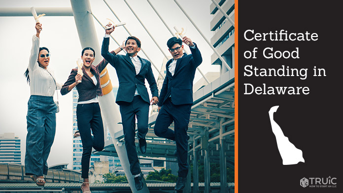 Business people on bridge celebrating certificate of good standing.