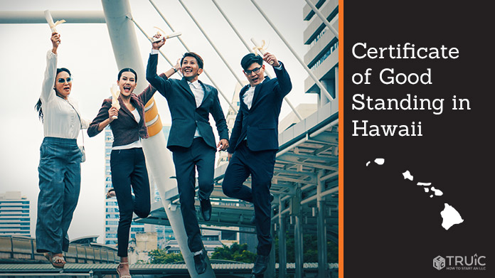 Business people on bridge celebrating certificate of good standing.