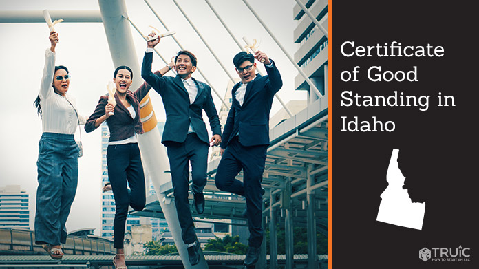 Business people on bridge celebrating certificate of good standing.