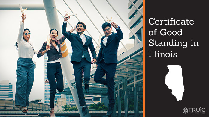 Business people on bridge celebrating certificate of good standing.