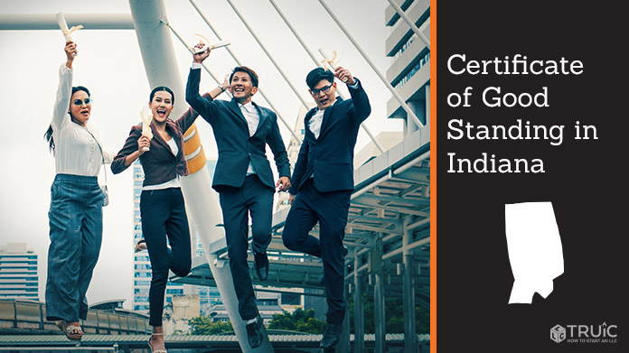 Business people on bridge celebrating certificate of good standing.
