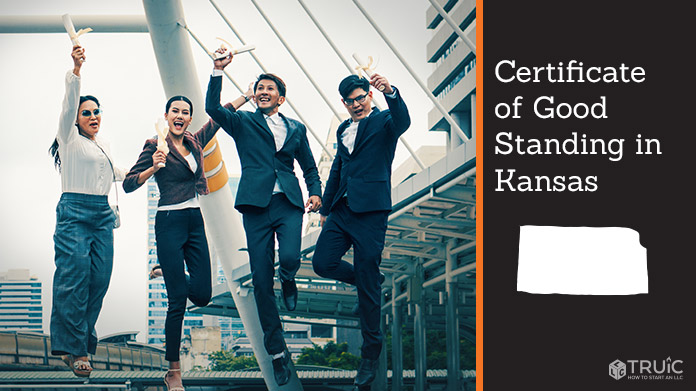 Business people on bridge celebrating certificate of good standing.