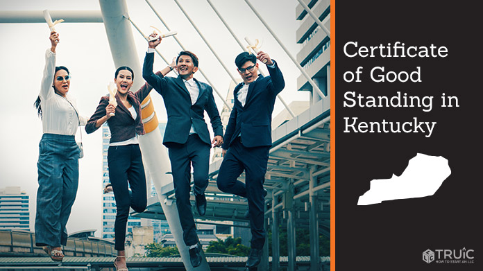 Business people on bridge celebrating certificate of good standing.