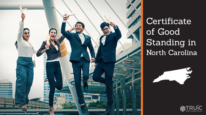 Business people on bridge celebrating certificate of good standing.