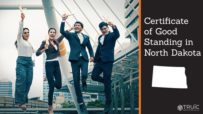 Business people on bridge celebrating certificate of good standing.
