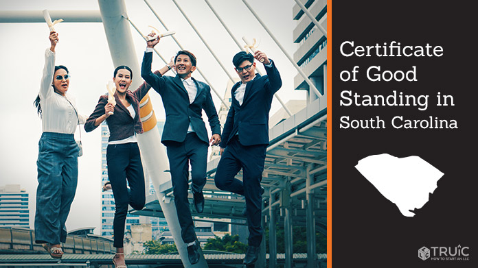 Business people on bridge celebrating certificate of good standing.