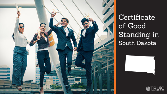 Business people on bridge celebrating certificate of good standing.