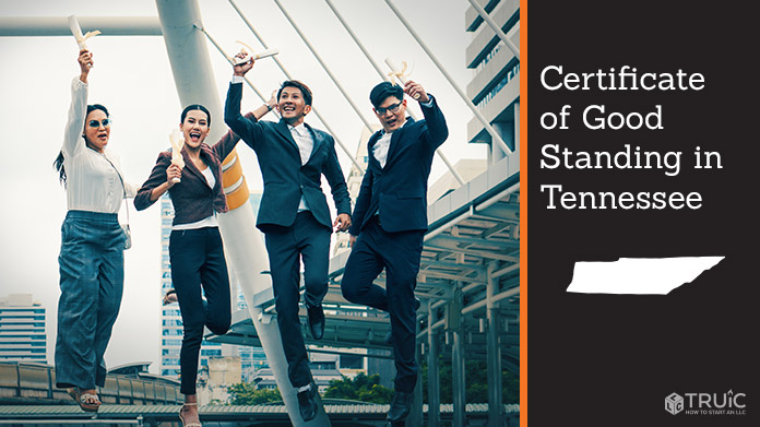 Business people on bridge celebrating certificate of good standing.
