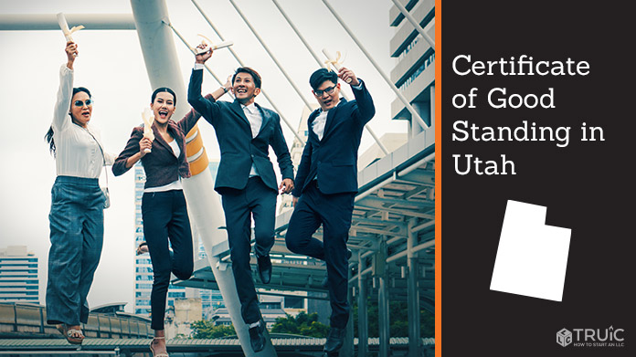 Business people on bridge celebrating certificate of good standing.
