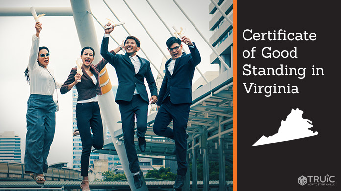 Business people on bridge celebrating certificate of good standing.
