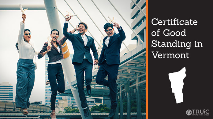 Business people on bridge celebrating certificate of good standing.