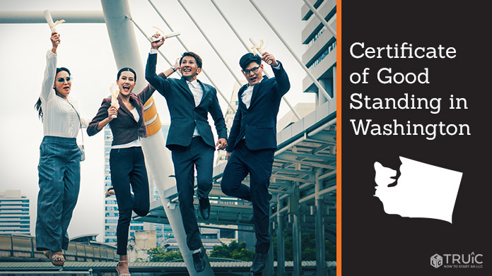 Business people on bridge celebrating certificate of good standing.