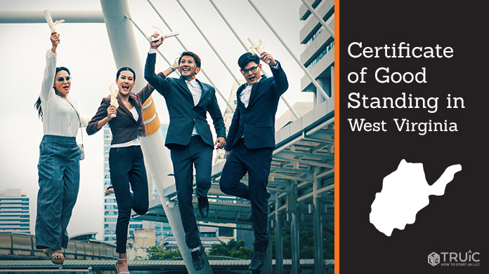 Business people on bridge celebrating certificate of good standing.