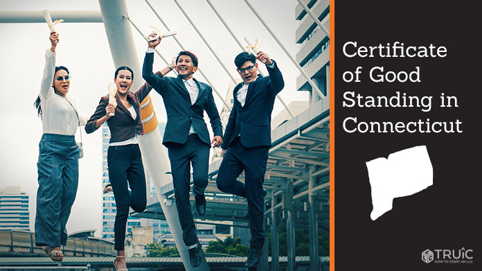 Business people on bridge celebrating certificate of good standing.