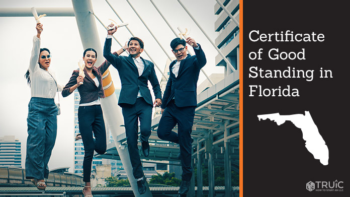 Business people on bridge celebrating certificate of good standing.