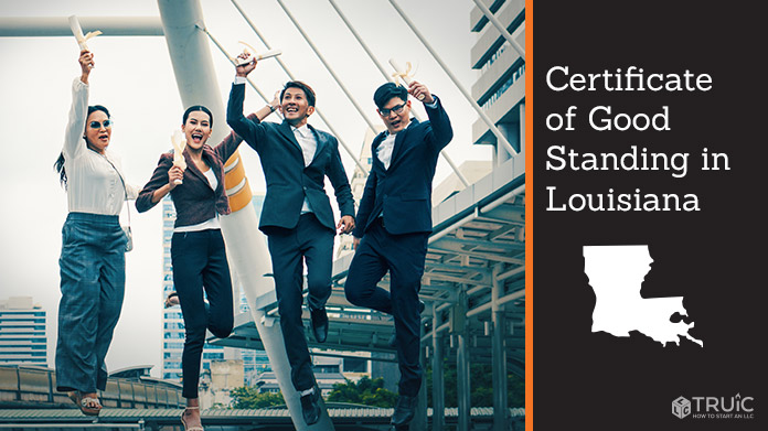 Business people on bridge celebrating certificate of good standing.