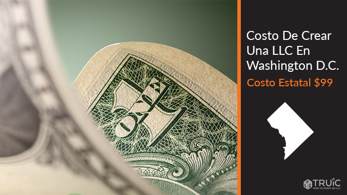 Imagen de un dolar (USD) y el estado de Washington D.C. Costo de crear una LLC en Washington D.C.