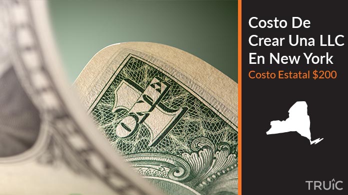 Imagen de un dolar (USD) y el estado de Nueva York. Costo de crear una LLC en Nueva York