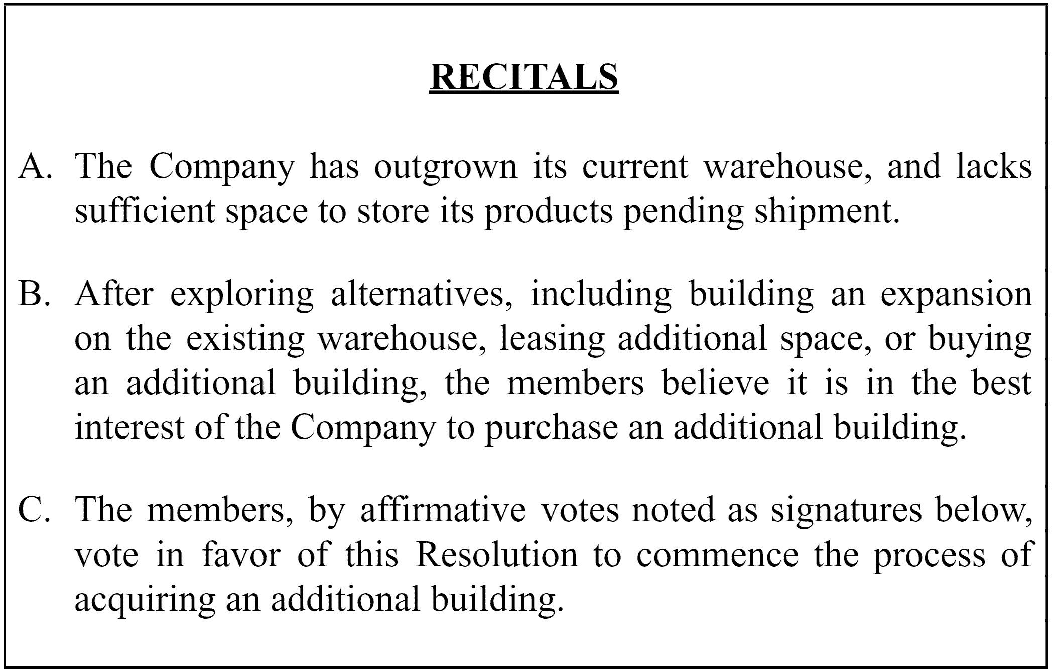 Snippet of recitals section of a sample LLC resolution