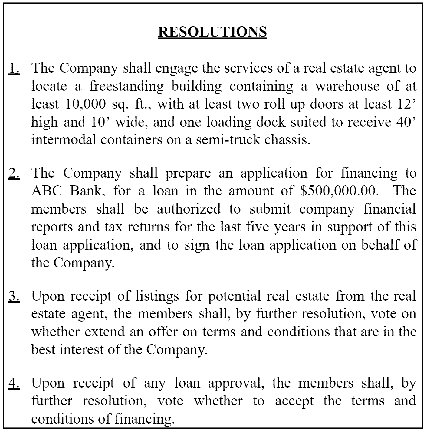 Snippet of resolutions section of a sample LLC resolution