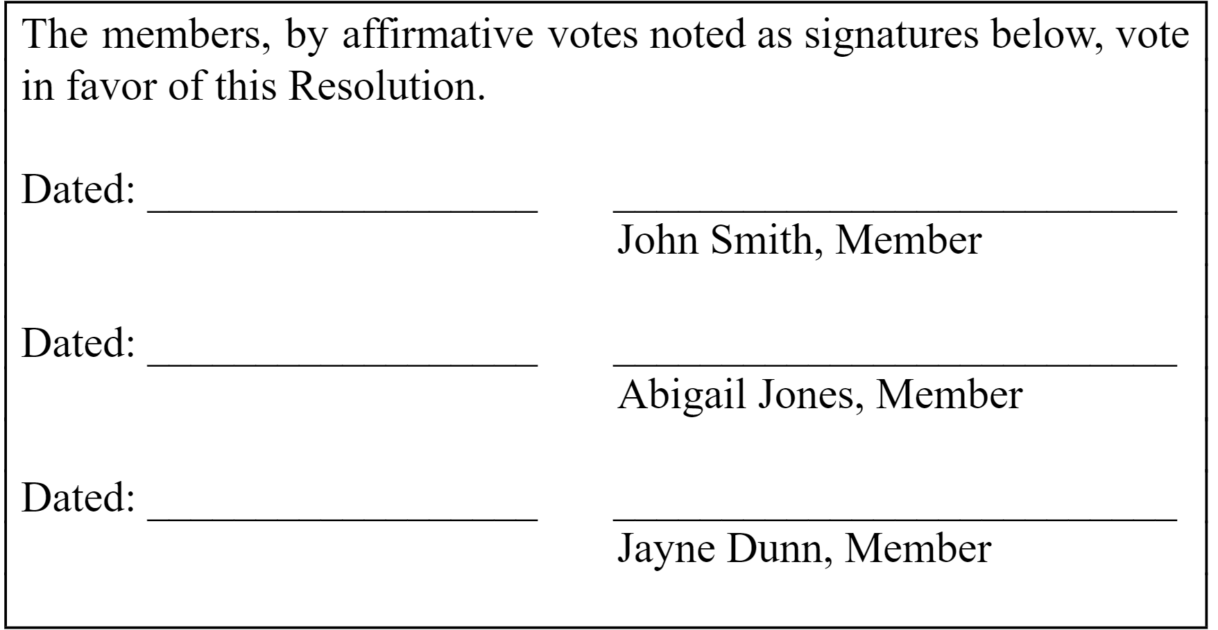 Snippet of signatures section of a sample LLC resolution