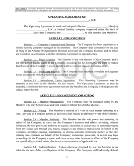 Sample single-member LLC operating agreement.