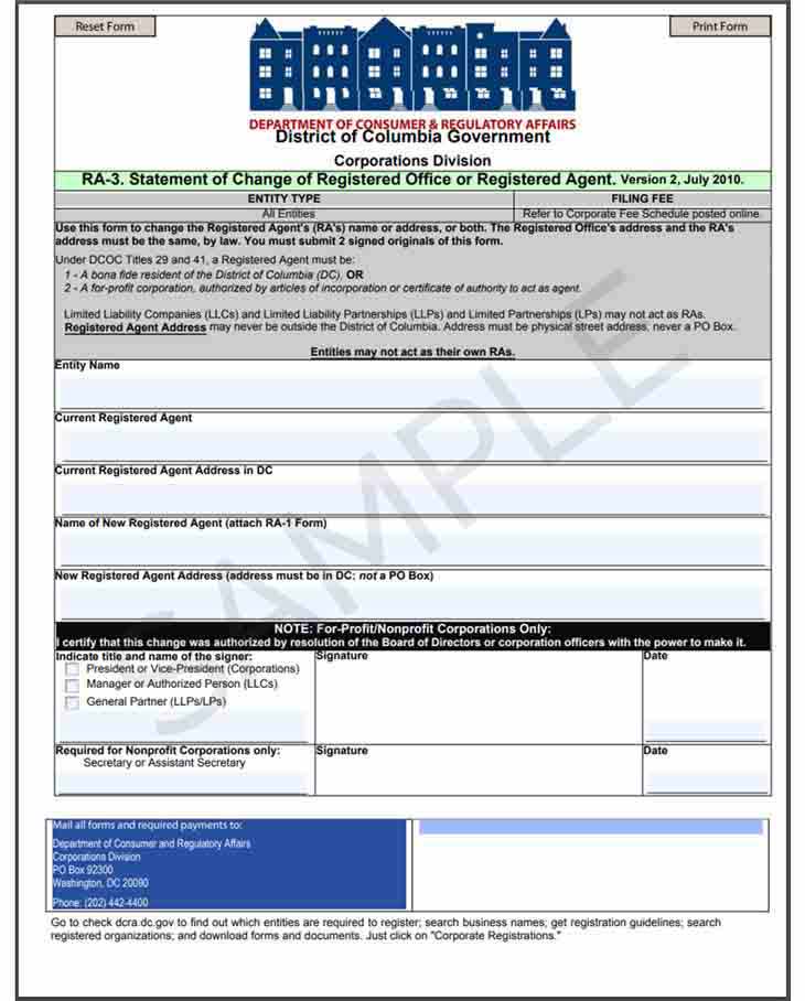 Washington, DC change registered agent form
