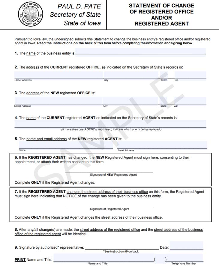 Iowa change registered agent form