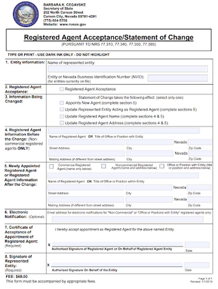 Nevada a change registered agent form