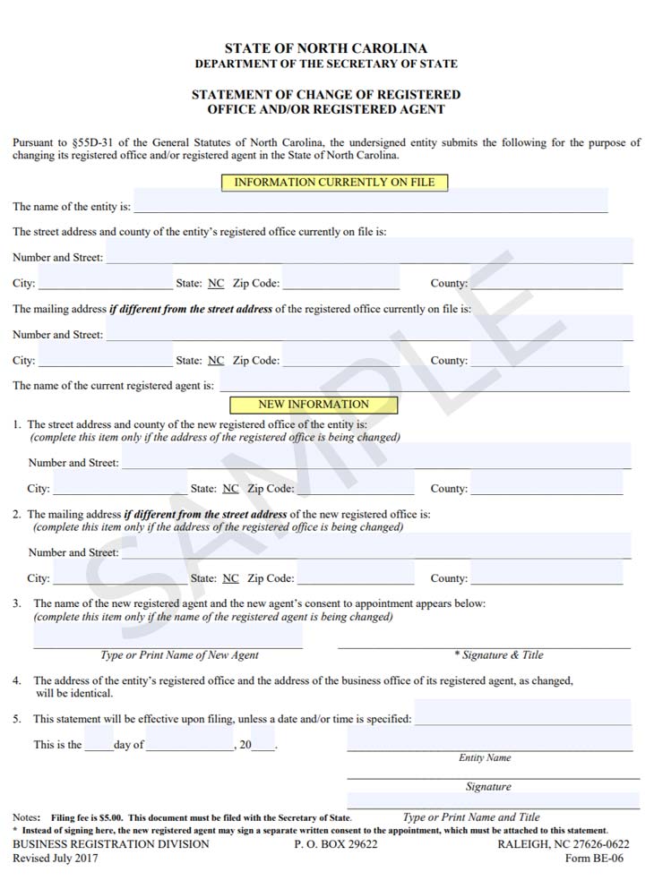 North carolina change registered agent form