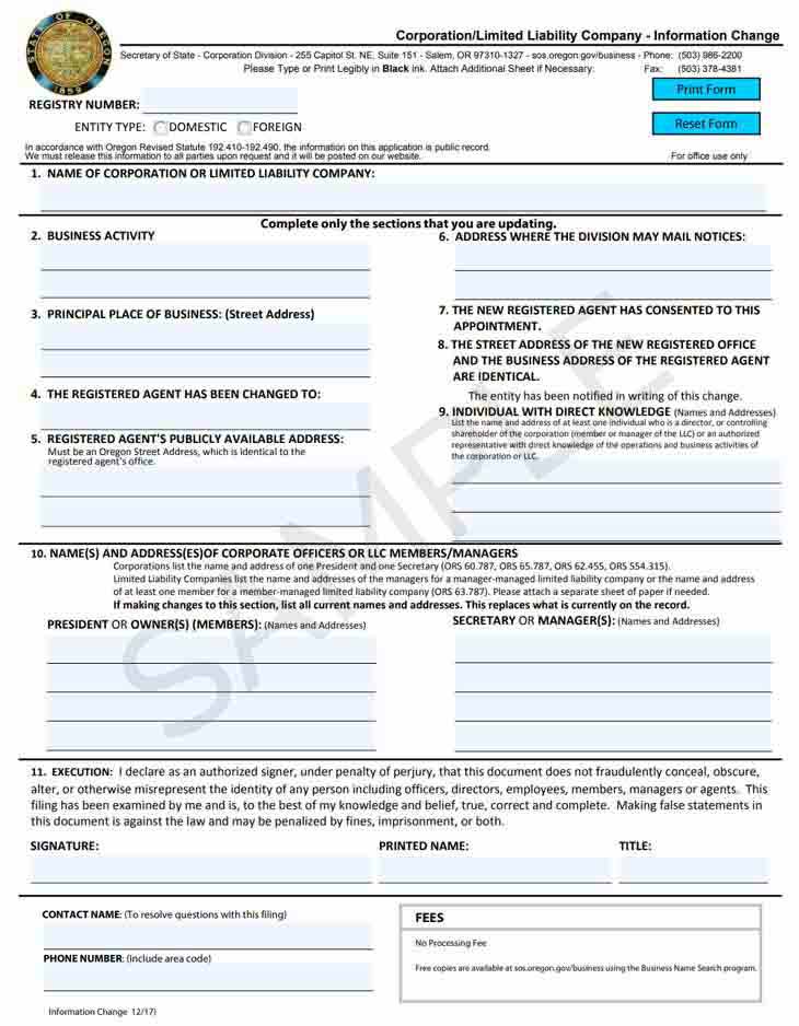 Oregon change registered agent form