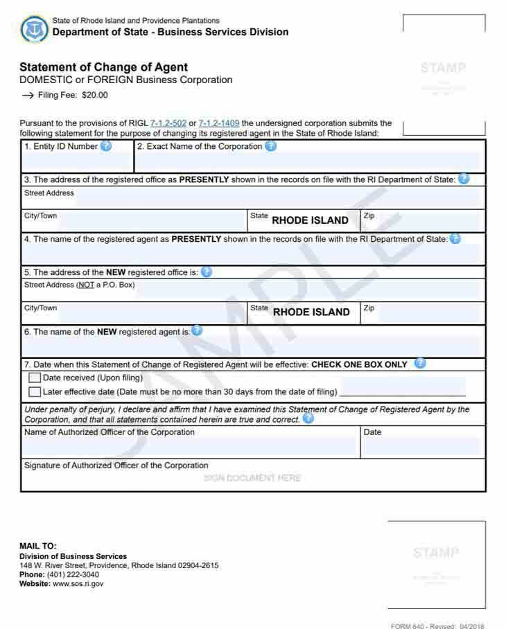 Rhode island change registered agent form