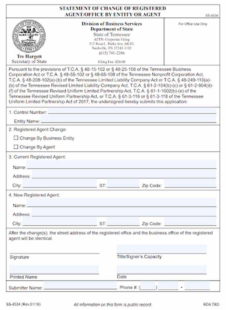 Tennessee change registered agent form