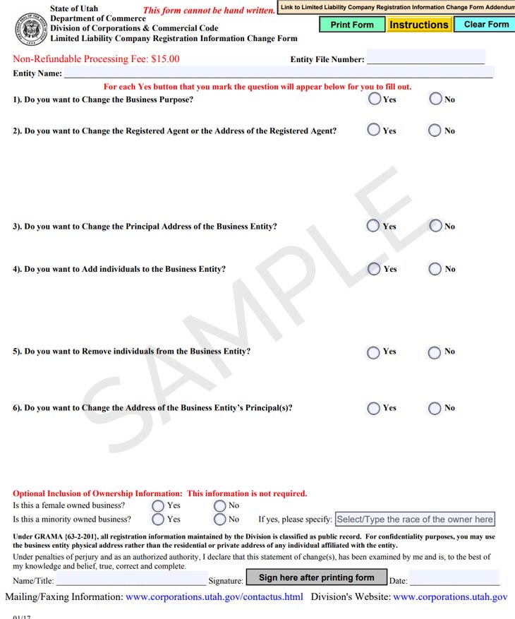Utah change registered agent form