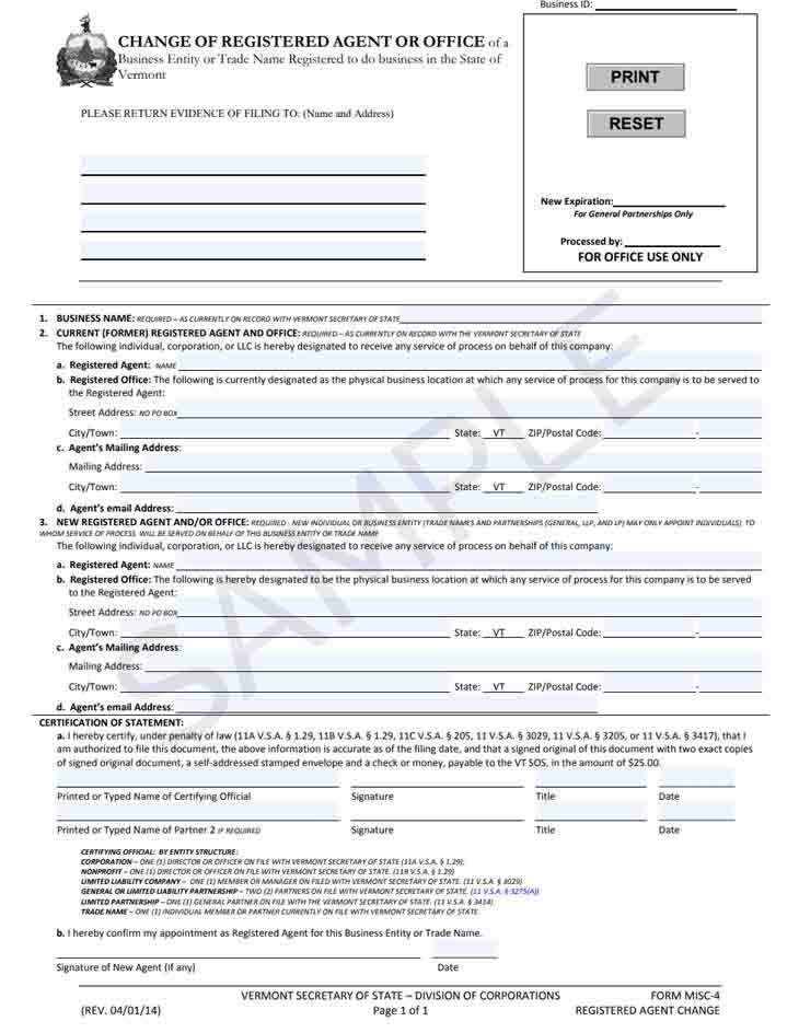 Vermont change registered agent form